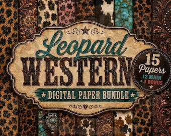 Western Leopard Digital Paper Bundle, Sublimation Patterns, Turquoise, Cowhide, Tooled Leather (Digital Download)