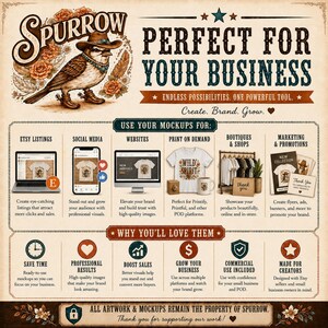 The image is a detailed infographic that showcases various ways to use Sparrow's mockups and mockups for business purposes. It includes a bird illustration, a list of mockup options, and a list of reasons why people might love Sparrow's mockups. The infographic also highlights Sparrow's versatility, as it can be used for creating eye-catching listings, social media, websites, and more. The image is a visual representation of Sparrow's capabilities and the benefits it can provide to businesses.