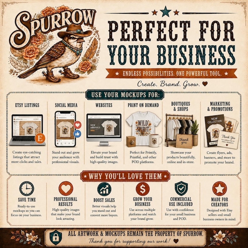 The image is a detailed infographic that showcases various ways to use Sparrow's mockups and mockups for business purposes. It includes a bird illustration, a list of mockup options, and a list of reasons why people might love Sparrow's mockups. The infographic also highlights Sparrow's versatility, as it can be used for creating eye-catching listings, social media, websites, and more. The image is a visual representation of Sparrow's capabilities and the benefits it can provide to businesses.