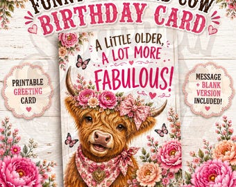 Funny Highland Cow Birthday Card, Pink Floral Farmhouse Printable, PDF File Download