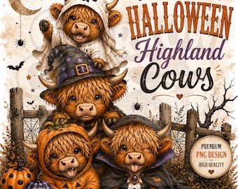 Halloween Highland Cow PNG, Ghost Witch Pumpkin Vampire Costumes (Digital Download)