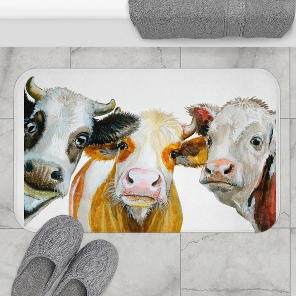 Watercolor Farmhouse Cow Bath Mat, Non Slip Bathroom Rug,Floral Bathroom Rugs, Farmhouse Bathroom Rugs, Farmhouse Bath Mat