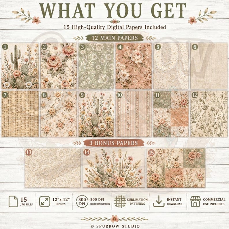Desert Cottage Boho Digital Paper Bundle, Floral Cactus Patterns ...