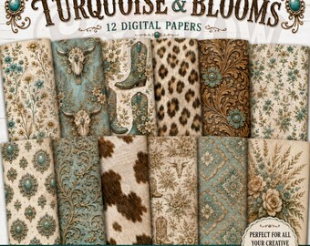 Western Turquoise Digital Paper Pack, Floral Cowhide Tooled Leather Boho JPG Backgrounds, 12 Papers