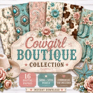 Cowgirl Boutique Collection Digital Paper, Pink Turquoise Western Scrapbook Paper