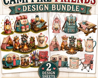 Campfire Friends Happy Camper PNG Bundle Camping Animals Fox Raccoon Frog Camper Design