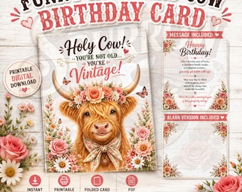 Funny Highland Cow Birthday Card, Vintage Floral Greeting (PDF Download)