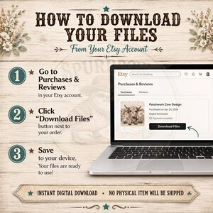 The image is a step-by-step guide on how to download files from an Etsy account, with a laptop displaying the Etsy website as a visual aid.