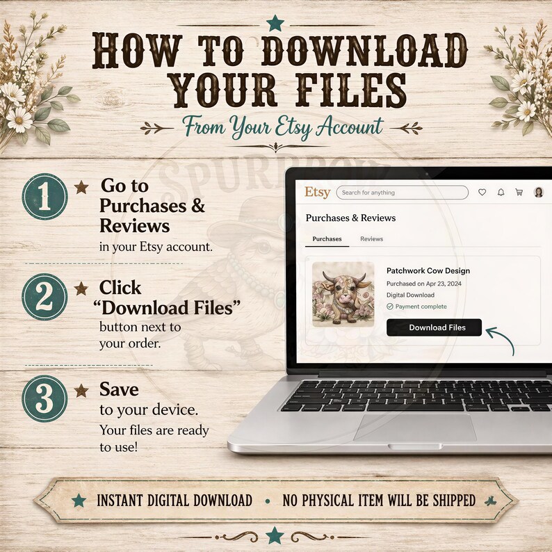 The image is a step-by-step guide on how to download files from an Etsy account, with a laptop displaying the Etsy website as a visual aid.