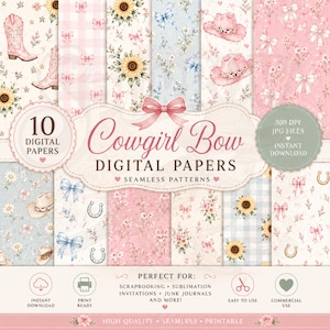 May include: A collection of 10 digital papers with a cowgirl theme. The designs include cowboy boots, hats, sunflowers, bows, and floral patterns in pastel pink, blue, and white. The text reads "Cowgirl Bow Digital Papers" and "Instant Download".