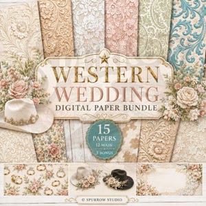 Westliche Hochzeit Digital Paper Bundle, Brautspitze, Punziertes Leder, Damast, Kommerzielle Nutzung