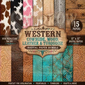 Western Digital Paper Bundle, Cowhide Paper, Turquoise Background, Wood Sublimation PNG Pattern
