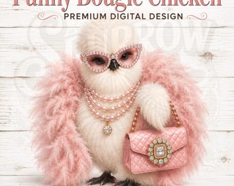 Funny Bougie Chicken, White  Silkie Chicken PNG, Glam Farm Bird, Pink Boutique Design