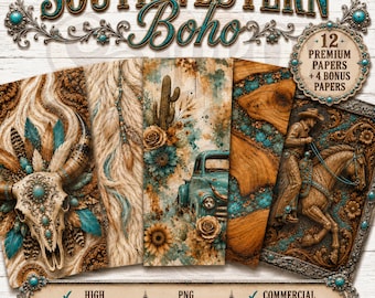 Southwestern Boho Digital Paper, Western Cowhide, Turquoise Tooled Leather, Rustic Wood, 16 PNG Backgrounds