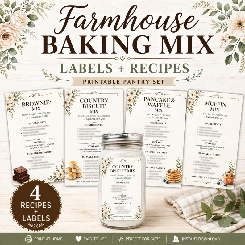 Farmhouse Baking Mix Labels Printable Recipe Cards 4x6 Pantry Set ...