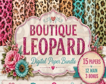 Boutique Leopard Digital Paper Bundle, Pink Turquoise Cheetah Print, Sublimation Patterns Commercial Use