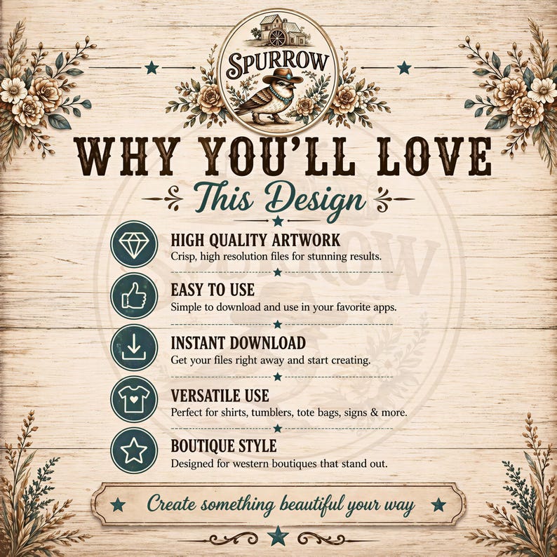 The image is a promotional graphic for a design service called "Why You'll Love This Design". It features a vintage-style wooden background with floral decorations and a central logo. The text highlights the features of the design service, including high-quality artwork, easy use, instant download, versatile use, and a boutique style. The overall design is simple and straightforward, with a focus on creating beautiful designs.