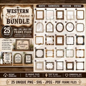 Western Frame Bundle, Farmhouse Rustic Frames | 25 Unique Files, Transparent Background