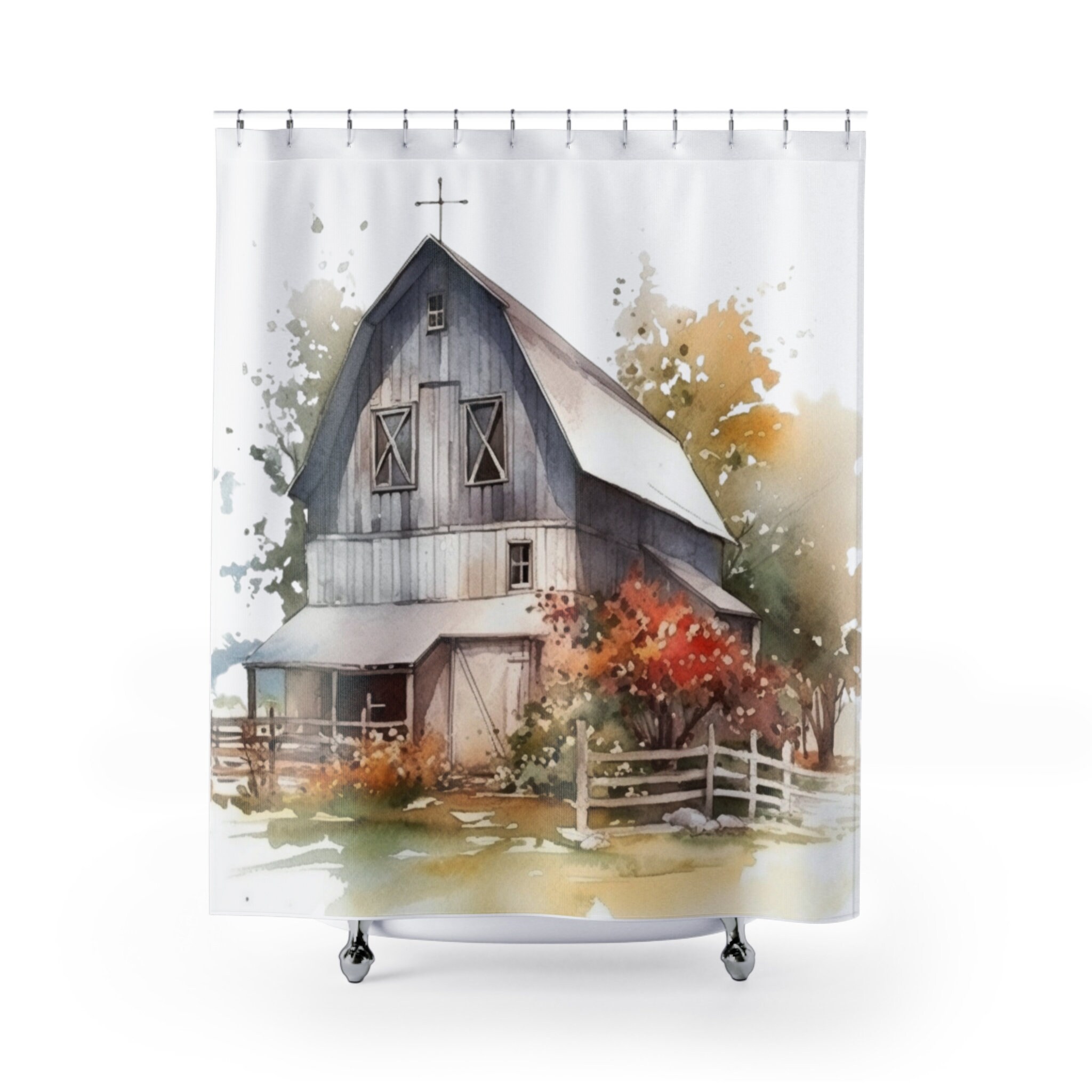 Farmhouse Barn Shower Curtain, Watercolor Barn Bathroom Decor, Rustic