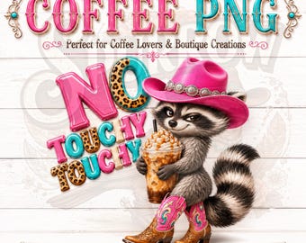 Kaffeälskare tvättbjörn PNG, rolig western cowgirl-kaffedesign, transparent digital