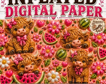 Watermelon Kisses Highland Cow Inflated Digital Paper (Commercial Use)