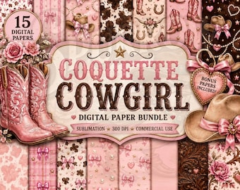 Coquette Cowgirl Digital Paper, Pink Country Western Patterns, 15 PNG Papers