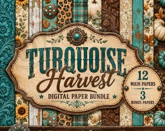 Turquoise Harvest Digital Paper Bundle, Western Farmhouse Pumpkin Patterns (Digital Download)
