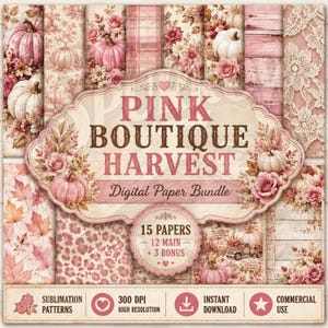 Pink Boutique Harvest Digital Paper Bundle, Fall Pumpkin Patterns (15 Papers)