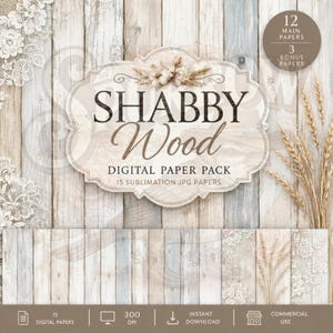 Shabby Wood Digital Paper Pack, Farmhouse Wood Backgrounds, JPG Sublimation Papers