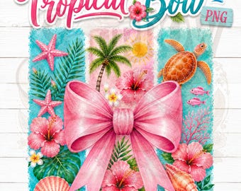 Tropical Bow PNG Coastal Summer Design Sea Turtle Hibiscus Floral Artwork