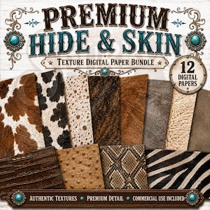 Animal Hide Digital Paper Bundle, Cowhide Leather Fur, Snakeskin Zebra Textures, 12 Papers