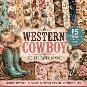 Puede incluir: Un paquete de papel digital con 15 patrones sin costuras de temática Western, que incluye sombreros de vaquero, botas, caballos, cactus, paisajes desérticos y detalles florales. La etiqueta central muestra el texto Western Cowboy.