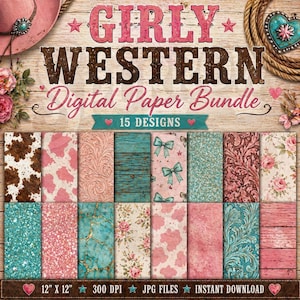 Girly Western Digital Paper Bundle Pink Cowhide Turquoise PNG Background Pattern
