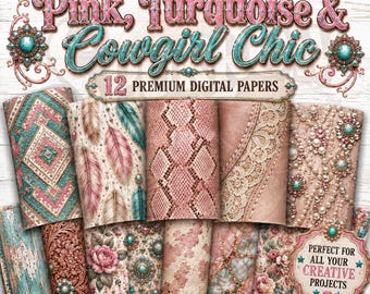 Western Digital Papers Blush Turquoise Tooled Leather Cowhide Floral Backgrounds Cowgirl Glam Commercial Use