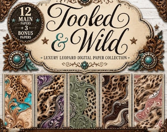 Tooled & Wild Luxury Leopard Digital Paper Bundle with Tooled Leather Designs