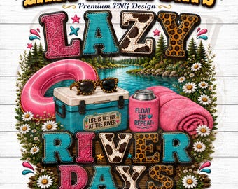 Diseño de sublimación para uso comercial de excursiones en balsa por el río Lazy Days Summer PNG.