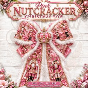 Pink Nutcracker Christmas Bow Design, Boutique Satin, Gold Accents, Digital Download
