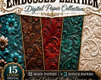 Embossed Leather Digital Paper Bundle Floral Tooled Western Backgrounds Commercial Use