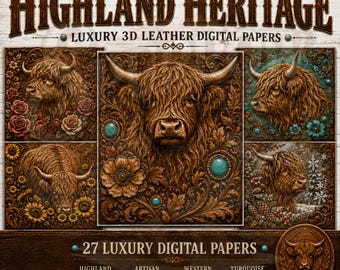 Highland Cow Digital Paper Bundle, Western Tooled Leather, 27 Luxury Papers