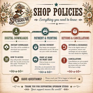 The image is a poster or flyer for Sparrow Studio, which provides information about their shop policies. It includes icons and text to guide customers on how to access and use the services offered by Sparrow Studio.