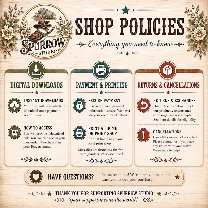 The image is a poster or flyer for Sparrow Studio, which provides information about their shop policies. It includes icons and text to guide customers on how to access and use the services offered by Sparrow Studio.