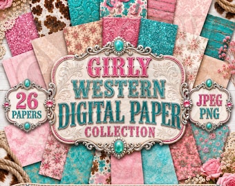 Girly Western Digital Paper Bundle | Pink Cowgirl Cowhide Floral Glitter 26 Papers | Commercial Use