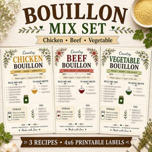 Puede incluir: Un conjunto de tres etiquetas imprimibles de 10x15 cm para recetas de mezcla de caldo. Las etiquetas son para sabores de pollo, carne y verduras. Cada etiqueta presenta un diseño rústico con detalles florales e instrucciones.
