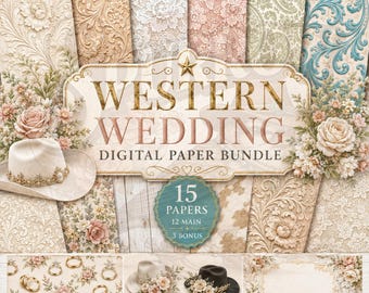 Western Wedding Digital Paper Bundle, Bridal Lace, Tooled Leather, Damask, Commercial Use
