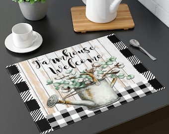 Farmhouse Placemats, Welcome, Black and White Plaid