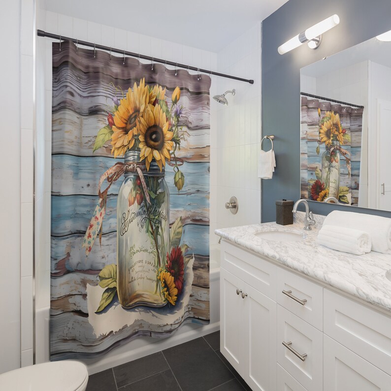 Farmhouse Sunflower Mason Jar Shower Curtain Rustic Etsy