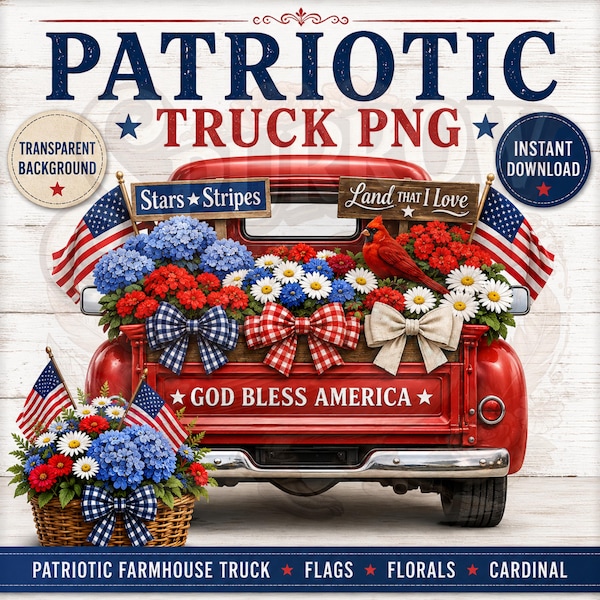 Patriotic Truck PNG, Vintage Farmhouse Design, Commercial Use DIY Craft Download