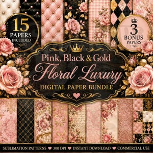 Pacchetto di carte digitali rosa, nere e oro, con disegni floreali shabby chic, file JPG scaricabili immediatamente.