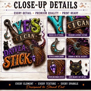 The image is a close-up of a detailed illustration of a witch's broomstick, featuring various elements such as raised 3D lettering, premium leather texture, detailed moon charm, ribbon & metal accents, sparkling magic effects, and a cute black cat detail.