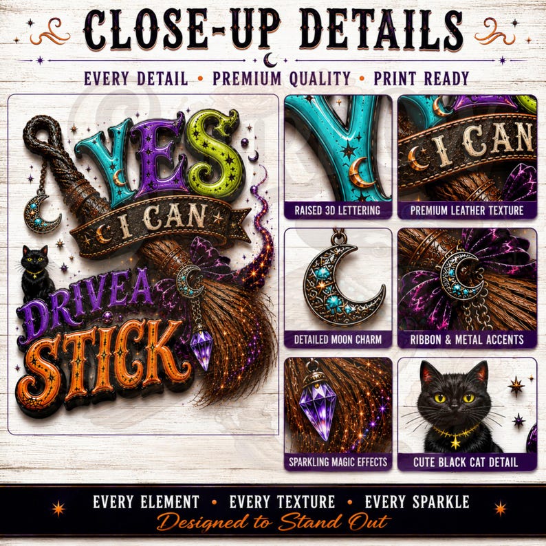 The image is a close-up of a detailed illustration of a witch's broomstick, featuring various elements such as raised 3D lettering, premium leather texture, detailed moon charm, ribbon & metal accents, sparkling magic effects, and a cute black cat detail.
